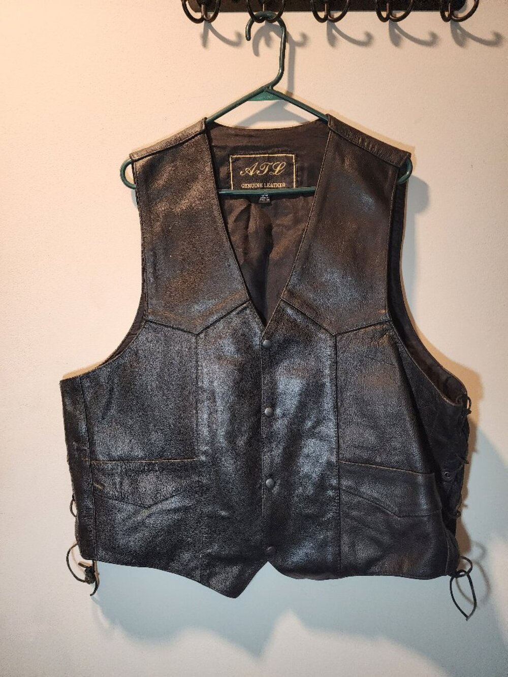 Vintage ATL Black Genuine Leather Motorcycle Biker Vest Size 54